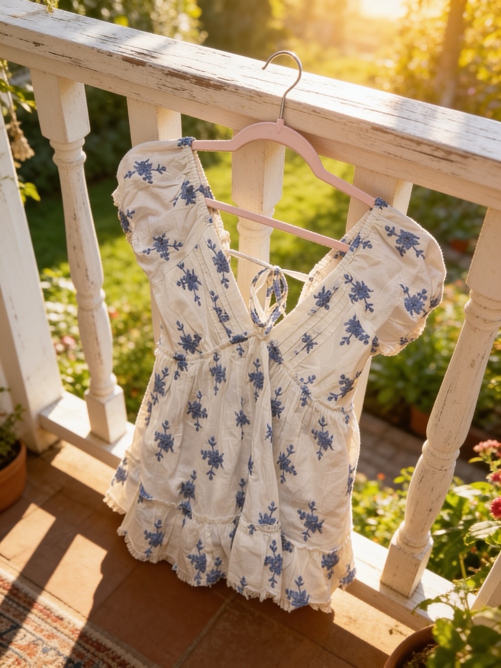 Altar'd State Cream One-Piece with Blue Floral Embroidery
